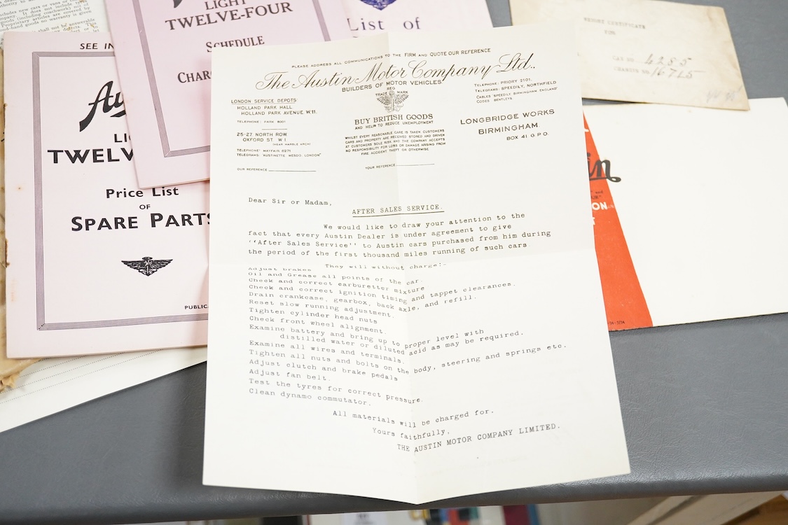 A small collection of 1930s Austin Motor Company Ltd. related documents, mainly referring to the Austin Twelve Four, the Twelve Six, etc. including; a poster advertising the Austin delivery vans, booklets listing spare p